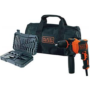 BLACK+DECKER Trapano a percussione a filo 710W azione martellante ad alte prestazioni per muratura metallo e legno velocità variabile per precisione include 32 accessori in borsa morbida BEH710SA32-QS