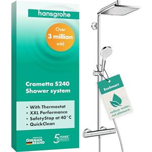 hansgrohe Crometta E - Colonna doccia a risparmio idrico (EcoSmart) con miscelatore termostatico, sistema doccia (240 x 240 mm) con rubinetto, doccetta, tubo, asta e soffione doccia, cromo, 27281000