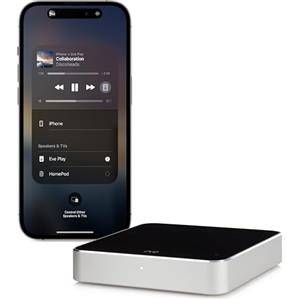 Eve Play - Interfaccia di streaming audio per AirPlay, Compensazione di latenze, Potente convertitore digitale-analogico, Tre uscite audio, Apple Home, Ethernet, Wi-Fi 2,4/5 GHz, Installazione facile