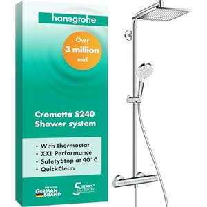hansgrohe Crometta E - Colonna doccia con miscelatore termostatico, Sistema doccia (240 x 240 mm) con rubinetto, doccetta (2 getti), tubo, asta e soffione doccia quadrato, cromo, 27271000