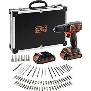 BLACK+DECKER Trapano avvitatore a batteria 18V, compatto e leggero, include 2 batterie da 1,5Ah, caricabatterie rapido e 80 accessori nella custodia, BDCDC18BAFC-QW