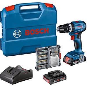 Bosch Professional 18V System Trapano avvitatore con percussione a batt. GSB 18V-45 (velocità di rotazione di 1.900 giri/min, 2 batt. da 2.0 Ah, accessori, GAL 18V-20, L-Case) - Amazon Exclusive Set