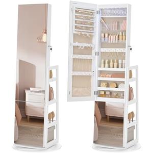 SONGMICS Armadietto Portagioie, Specchio Portagioielli a Figura Intera, 4 Ripiani, Luci LED Interne, Girevole a 360°, per Camera da Letto Cabina Armadio Ingresso, Bianco Nuvola JJC027WH01