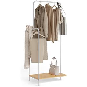 Newlux-Appendiabiti da Terra Resistente Fino a 18kg Hangy Wood 100 con Scarpiera. Attaccapanni da Terra Metallico con Binario Laterale | Grande Stabilità | Facile Montaggio | 62x42x150cm | Bianco