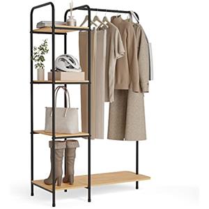 Newlux -Appendiabiti da Terra Resistente Fino a 35kg Hangy Wood 400 con Scarpiera. Attaccapanni da Terra Metallico con Grande Stabilità | Facile Montaggio | Include 4 ripiani (492x42x150cm) | Nero