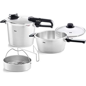 Fissler , Set da 5 pezzi con pentola a pressione Vitavit Premium 6 l , diametro 22 cm, con padella a cottura rapida 3.5 l , diametro 22 cm, con coperchio in metallo, per cottura a induzione