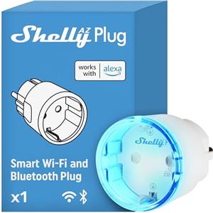 Shelly AZ Plug Bianco, Presa Intelligente Wi-Fi (Tipo F), Misurazione Consumi, 12A, 2500W, Configurazione Facile (FFS) con Alexa, Nessun Hub Richiesto, Controllo da Remoto, Programmi Smart