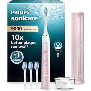 Philips Sonicare DiamondClean 9000 spazzolino elettrico sonico con app, sensore di pressione, 4 modalità di spazzolamento, 3 livelli di intensità, supporto di ricarica, rosa, modello HX9911/79