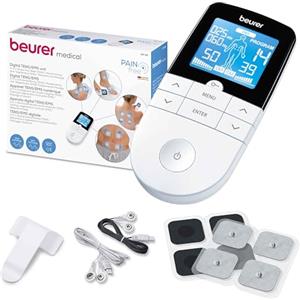 Beurer EM 49 Digital TENS/EMS, elettrostimolatore 3 in 1 per alleviare il dolore tramite elettrostimolazione nervosa, allenamento EMS, funzione massaggio, 2 canali, 6 programmi, 4 elettrodi