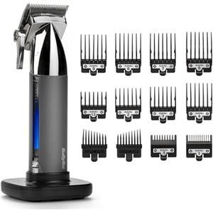 BaByliss Tagliacapelli Super-X Metal Collection, lame in acciaio giapponese, 10 guide di taglio, 2 guide di taglio per orecchie, batteria al litio, display digitale, Nero, E996E