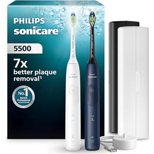 Philips Sonicare 5500, spazzolino elettrico sonico con 2 modalità, avviso di pressione, EasyStart, Smartimer e BrushPacer, bianco e blu navy, confezione da 2, modello HX7119/01 [Nuova tecnologia]