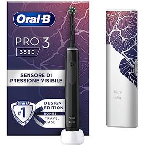 Oral-B Spazzolino Elettrico Ricaricabile Pro 3 3500 Nero, 1 Spazzolino Elettrico Oral B, 1 Testina, Custodia Da Viaggio, Pulizia Denti Efficace