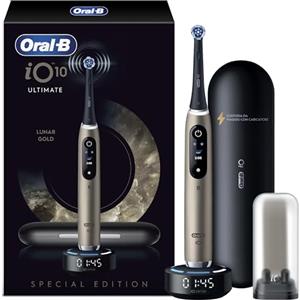 Oral-B iO10 Spazzolino Elettrico Lunar Gold, Spazzolino Elettrico Oral B, Testina Ultimate Clean, Caricatore Magnetico, Custodia da Viaggio, Supporto Igienico per Testine, Pulizia Denti