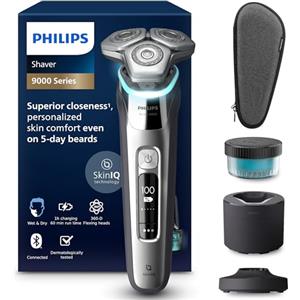 Philips Shaver S9000 - Rasoio elettrico Wet & Dry uomo, tecnologia Lift & Cut e SkinIQ, rifinitore a scomparsa, custodia per la pulizia, supporto di ricarica e custodia da viaggio (modello S9974/55)