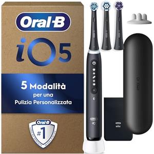 Oral-B Spazzolino Elettrico Ricaricabile iO 5N, Sensore di Pressione, Intelligenza Artificiale, 3 Testine di Ricambio, 1 Spazzolino Elettrico Oral B, Custodia da Viaggio, Nero, Idea Regalo