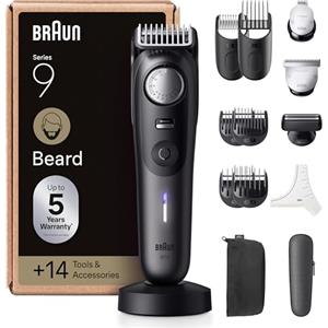 Braun Regolabarba Uomo Serie 9, +14 Strumenti Da Barbiere, Rasoio Elettrico Barba, Lama ProBlade Affilata A Vita, 180 Min, Selettore Di Precisione Con 52 Lunghezze, Impermeabile, BT9565, Titanio