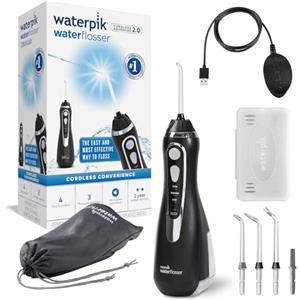 Waterpik Idropulsore Portatile, 3 Impostazioni di Pressione, Assicura la Rimozione della Placca Dentale ed è Utilizzabile in Viaggio o in Bagni Piccoli, Batteria Ricaricabile, Nero (WP-582EU)