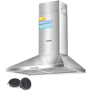 COMFEE' Cappa Aspirante 60 cm PYRA17SS-60 Acciaio Inossidabile Cappa Cucina con LED, Sistema di Ricircolo e Canalizzazione e Filtri a Carbone
