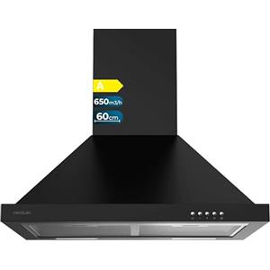 Cecotec Cappa Estrattore 60 cm Piramidale Bolero Flux PM 606500 Black A. Motore 165 W, finitura inox, aspirazione 650 m3/h, controllo meccanico, 3 livelli di potenza, luce e filtro al carbonio