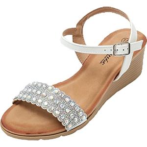JOMIX Sandali Donna Estive Zeppa Eleganti Comodi Sandali Strass Tacco Largo SD8212-2 (Bianco, 41)