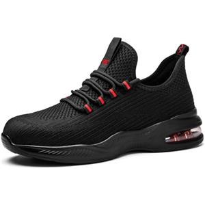 SPIEZ Scarpe Antinfortunistiche Uomo Donna, Leggere Scarpe da Lavoro con Cuscinetto d'Aria, Slip-On, Nero/Rosso EU 46