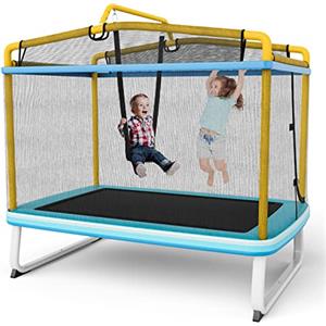 COSTWAY Trampolino Rettangolare per Bambini 3-in-1 190 x 124 cm, Tappeto Elastico per Bambini da Esterno ed Interno con Rete, Altalena, Barra, Copertura e Design senza Fessure (Giallo)