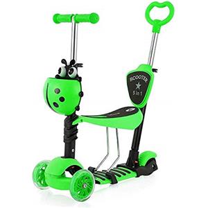 YOLEO Monopattino per Bambini 5-in-1, Monopattino 3 Ruote Lampeggianti in LED, Kids Scooter, Con Sedile Estraibile/Monopattino Bambini 2 a 8 Anni, Carico Massimo 50 Kg (5-in-1 Verde)