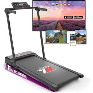YM Tapis Roulant Elettrico Salvaspazio 12 km/h, MARCHIO ITALIANO, Tappeto Corsa MAXI 42cm, Telaio rinforzato, APP Interattive Bluetooth, Pieghevole, 12 Programmi, Your Move ASSISTENZA ITALIA
