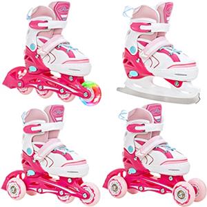 Raven - Pattini a rotelle per bambini, ragazze, ragazzi, adulti, bambini - Pattini a rotelle, 4 in 1 con pattini da ghiaccio, quad, per principianti - Regolabili - Lia Pink, 30-33 (18,5-20,5cm)