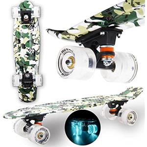 WeLLIFE Skateboard Mini Cruiser RGX Tavola Skate 22" 56cm per Giovani Ragazzi Adulti, Ruote Luminose PU 78A con Luci Flash LED Cuscinetti ABEC-7RS (Military)