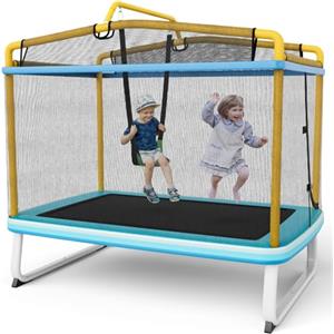 GYMAX Trampolino Elastico per Bambini, 3 in 1 con Altalena e Barra per Trazioni, Rete di Sicurezza, Interno ed Esterno, Idea Regalo per Bambini 3+ (Giallo)
