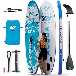 YM SUP Gonfiabile Premium 12'6" (cm 381x82x15) 372 Litri, Max 180 Kg, Tecnologia 3D Drop Stitch HD + STL-Fusion, Anelli, Zaino, Leash e Accessori Inclusi, Marchio ITALIANO, Stand Up Paddle BIANCO