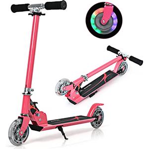 COSTWAY Monopattino Bambini, Monopattini a Spinta Pieghevole e Regolabile in 3 Altezze, con 2 Ruote Lampeggianti, Freno e Cavalletto, Portata 70 kg (Rosa)