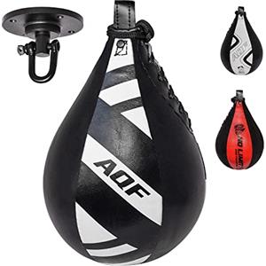 AQF Punching Ball in Pelle Speed Sacco da Boxe Girevole MMA Boxing Bag Pungiball Set da Allenamento (Bianco & Nero)
