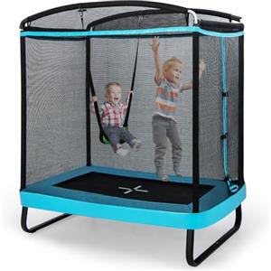 COSTWAY Tappeto Elastico per Bambini da Esterno ed Interno, Trampolino Rettangolare 190CM con Altalena e Rete di Sicurezza per Bambini più di 3 Anni, Portata 100kg (Azzurro)