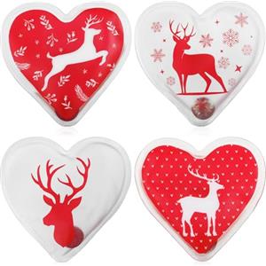 COM-FOUR® 4x Scaldamani riutilizzabili tascabili - scaldamani a forma di cuore con motivo di alce - riscalda mani per le giornate fredde e in viaggio (04 pezzi - cuore con alce rosso)