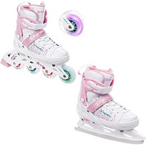 RAVEN 2in1 Pattini da ghiaccio Pattini in linea per bambini ragazze regolabili (Rosi, 28-32 (18,5cm-21cm))