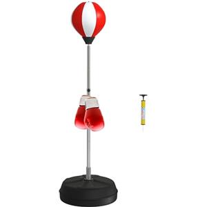 HOMCOM Punching Ball da Terra per Adulti, Sacco da Boxe da Terra con Base Riempibile, Pompa ad Aria e Guantoni, Altezza Regolabile da 126-144 cm, Speed Bag per Home Gym Casa e Palestra, Rosso e Bianco