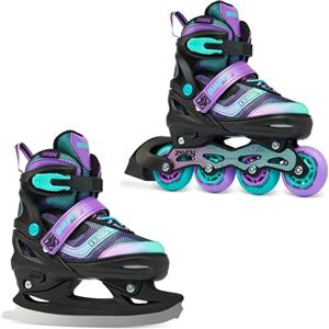 Raven - Pattini a rotelle per bambini, ragazze, ragazzi, adulti, bambini - Pattini a rotelle 2 in 1 con lame da ghiaccio - Regolabili - Drill Violet/Mint con Pattini, 34-37 (21,5-24cm)