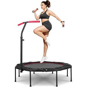 LIFERUN Mini trampolino elastico da interno per adulti Ø128 cm,Piccolo trampolino elastico da fitness,Jump Rebounder per allenamento,Capacità di carico 150 kg,Maniglie regolabili,Casa,Rosso