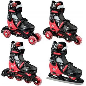RAVEN 4in1 Inline Skates Pattini in linea Triskates Pattini a rotelle/da ghiaccio per bambini, ragazze e ragazzi regolabili (Singer Black/Red, 37-40 (23,5cm-26cm))