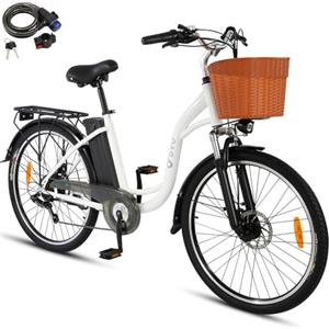 DYU Bicicletta Elettrica, 26" Bici Elettrica per Adulti, 12,5 Ah 36V Batteria Rimovibile, Motore 250W, 7 Velocità, Autonomia di 65 km E-bike con cestino, Freno a Disco, Uomo e Donna, Bianco