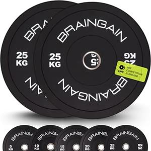 BRAINGAIN Piastra Olimpica con Bumper - Piastre da 2" per Allenamento con Bilanciere - 1,5 kg, 2,5 kg, 5 kg, 10 kg, 15 kg, 20 kg, 25 kg, 100 kg, 150 kg Coppie/Set (Nero, 2 x 25kg)