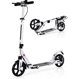 GYMAX Monopattino Spinta per Bambini 8+ Anni, Pieghevole e Portatile, Regolabile a 3 Altezze 86,5-101 cm, Manubrio con Campanello e Freno, in Alluminio, Grandi Ruote di 20 cm, Carico di 100 kg, Bianco