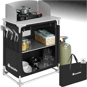 TecTake® Cucina da Campeggio, Mobile da Campeggio con Piano di Lavoro e Ripiani Portaoggetti, Cucina da Esterno Idonea per Fornello a Gas, Borsa per Trasporto Inclusa, 76x53,5x107cm - Nero