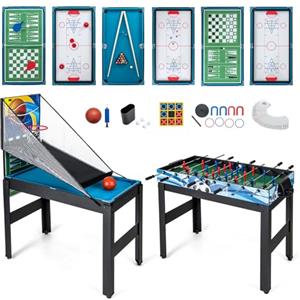 GYMAX Tavolo da Gioco 14-in-1, Combo Tavolo da Gioco con Basket, Biliardo, Calcetto, Ping Pong, Hockey, Shuffleboard, Bowling, Scacchi, Dama, Backgammon, Tris per Feste, Sala Giochi
