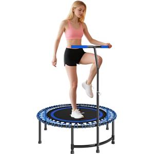 SPORTNOW Trampolino Fitness Ø114 cm con Maniglia Regolabile su 5 Posizioni, Trampolino Elastico Capacità 200 kg, 36 Molle Bungee, Tappeto Elastico Per Adulti per Allenamento a Casa, Blu