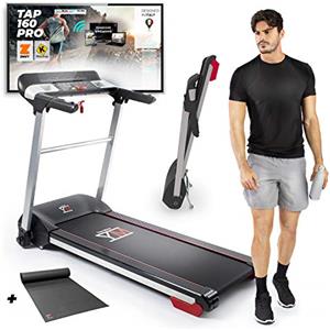 YM Tapis Roulant Elettrico Pieghevole 16 km/h, Marchio di Qualità ITALIANO, mod. TAP160PRO, Ultra Sottile, APP Kinomap e Zwift, Ingresso Audio + Altoparlanti, Tappeto Incluso, 1500W (3,5 HP Picco)