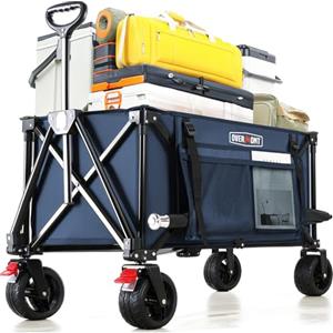Overmont Carrello da Giardino Pieghevole - Carrelli da Trasporto 150L 150 kg con Maniglia Regolabile Freni Tasche a Rete - Ruote Larghe All-terrain - per Campeggio Shopping Sport Spiaggia