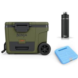 Ninja FrostVault Ghiacciaia portatile isolante robusta con borraccia Ninja Thirsti e mattonella refrigerante grande, ghiacciaia premium con ruote e scomparto frigo integrato, verde, FB245AMZEUUKGN